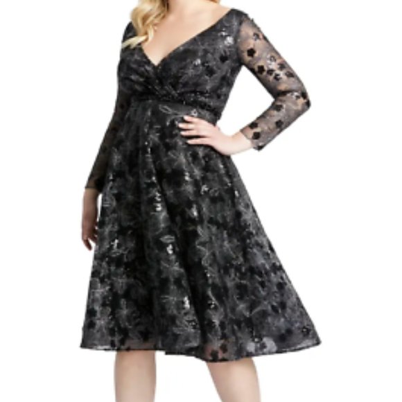 MAC DUGGAL LONG SLEEVE SEQUIN LACE MIDI COCKTAIL BLACK DRESS sz 14W - Picture 1 of 3